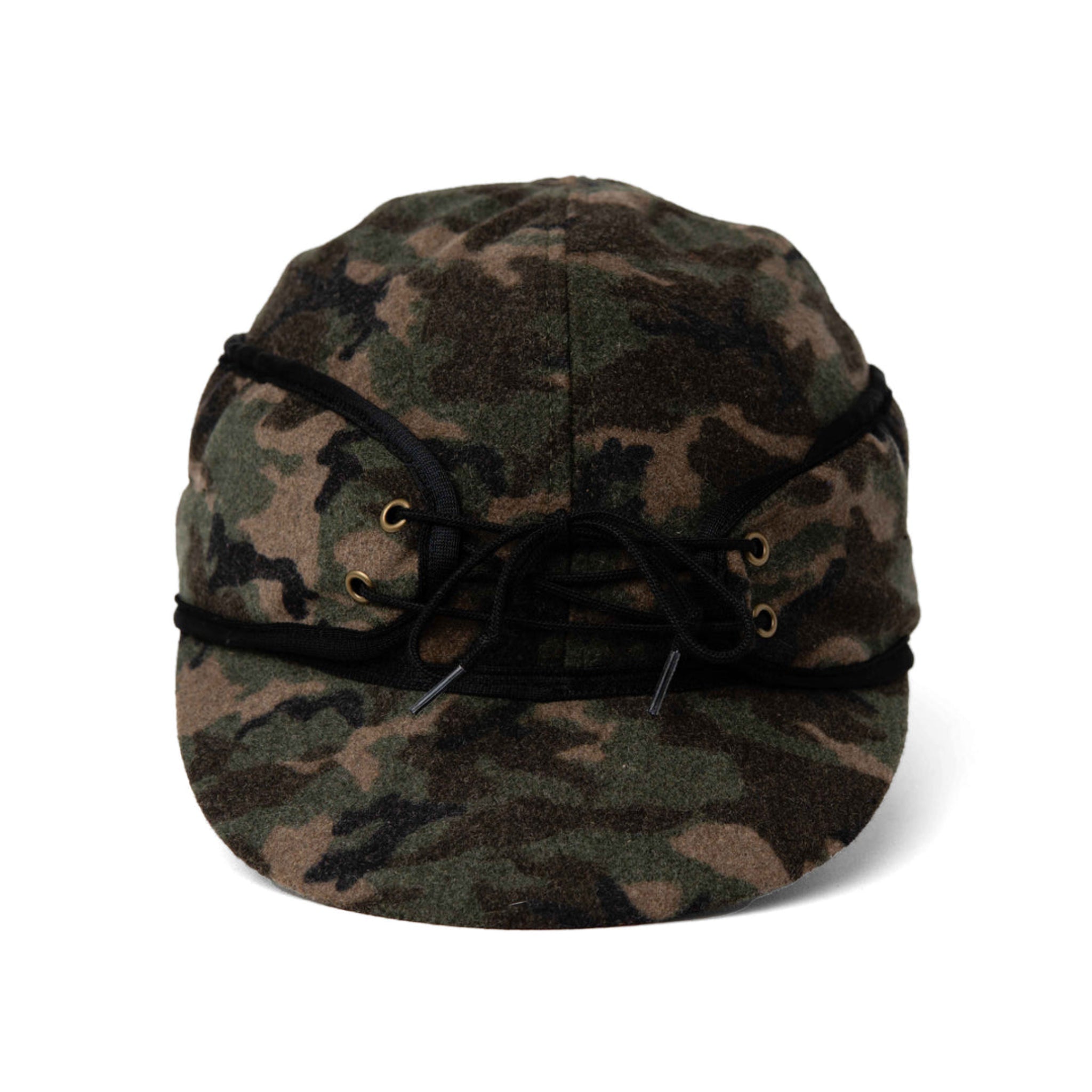 Camouflage-patterned hat with a black drawstring 