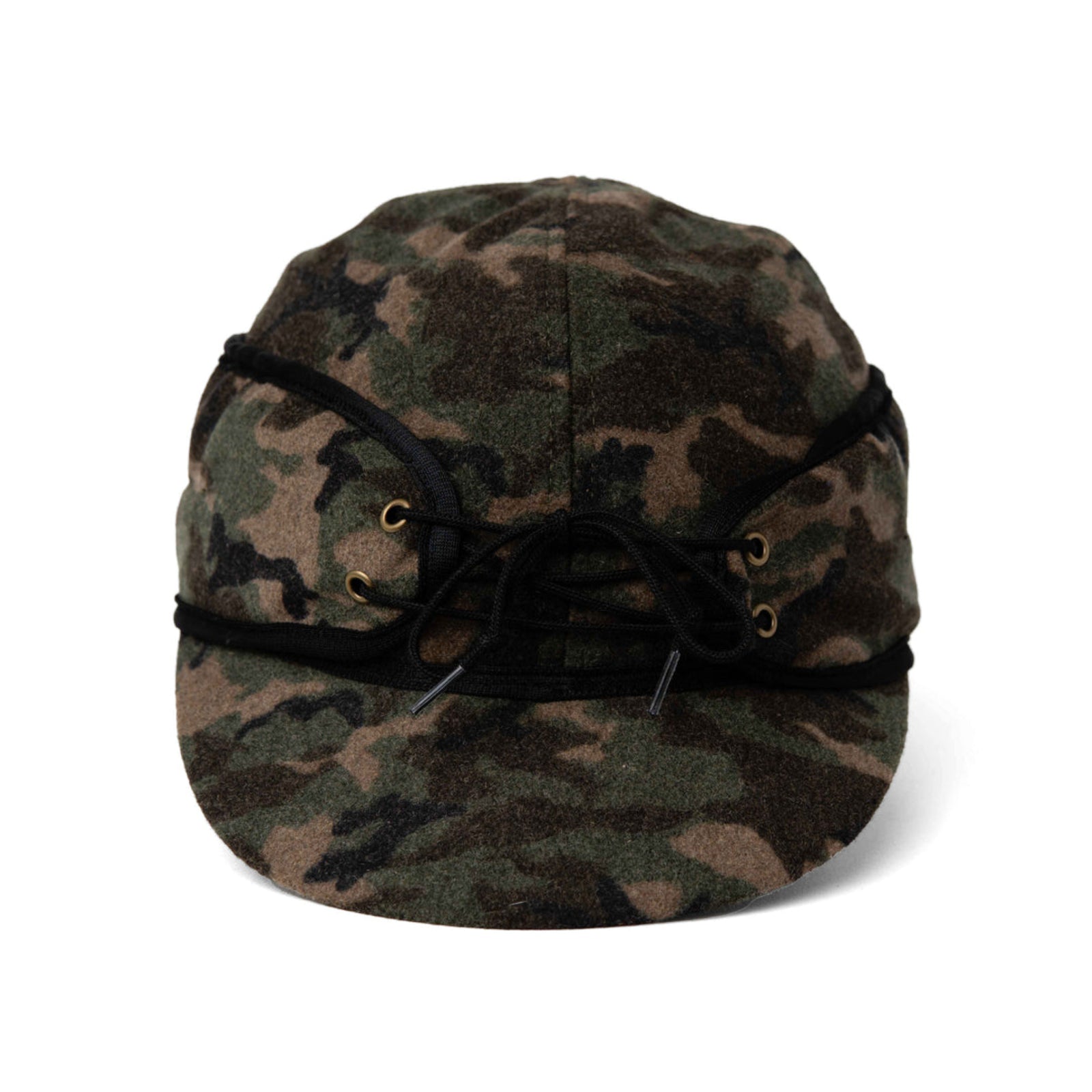Camouflage-patterned hat with a black drawstring 