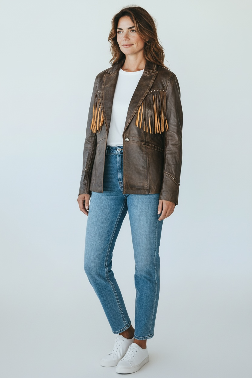 Cripple Creek Wms Leather Fringe Blazer