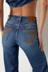 Ladies dojo blue jeans with stitched 7 on the back pocket