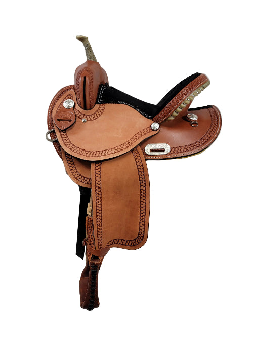 Barrel saddle black padded seat rawhide laced cantle leather