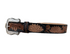A leather belt with a floral pattern and a silver-plated buckle.