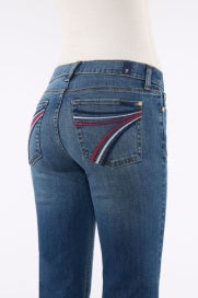 Royalty Blue denim ladies jeans with red, white and blue pockets