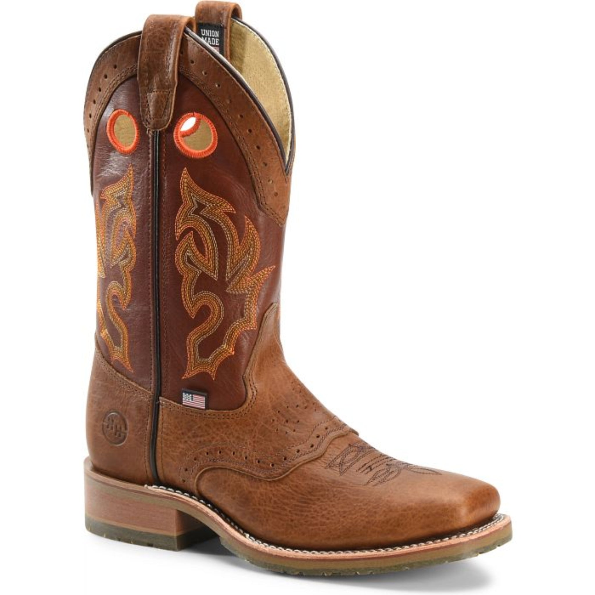Brown cowboy boot with intricate stitching on a white background