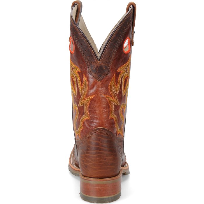 Brown cowboy boot with intricate design on a white background