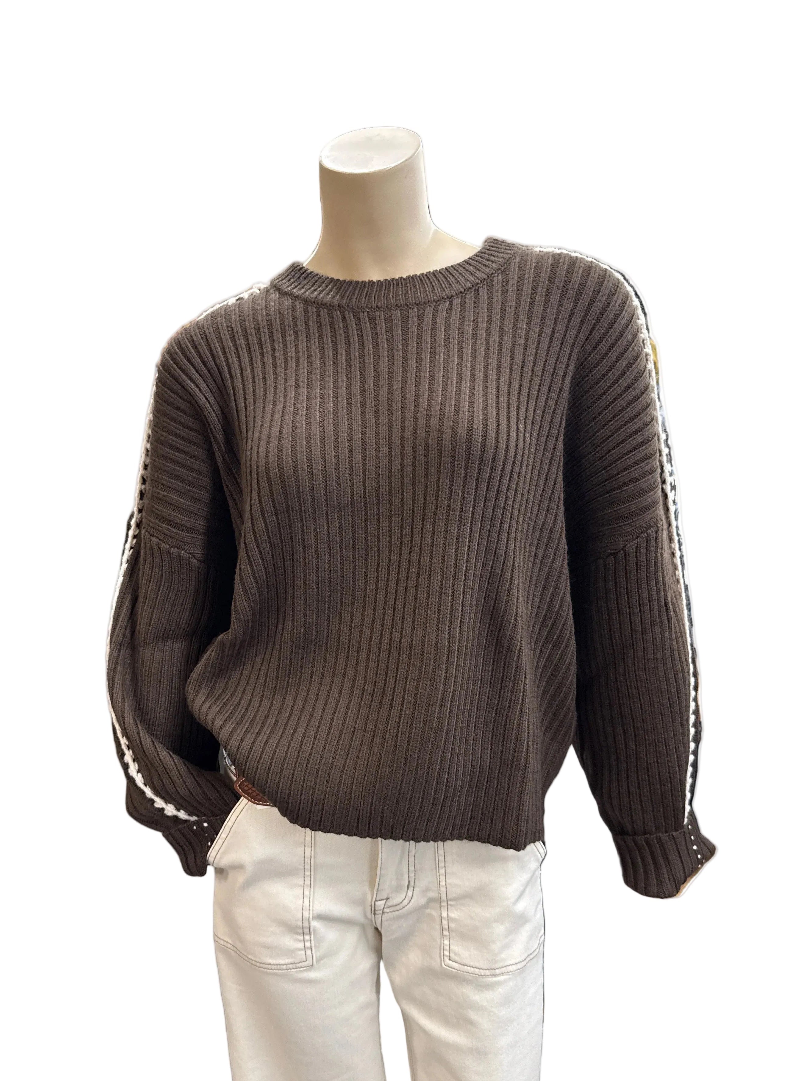 Ladies Brown Crewneck Blanket Sweater with white stitching Down the sleeve.  SW11485