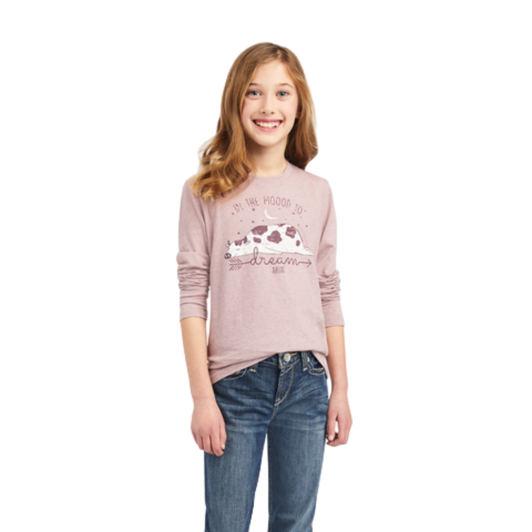 pink long-sleeve shirt with text and graphics