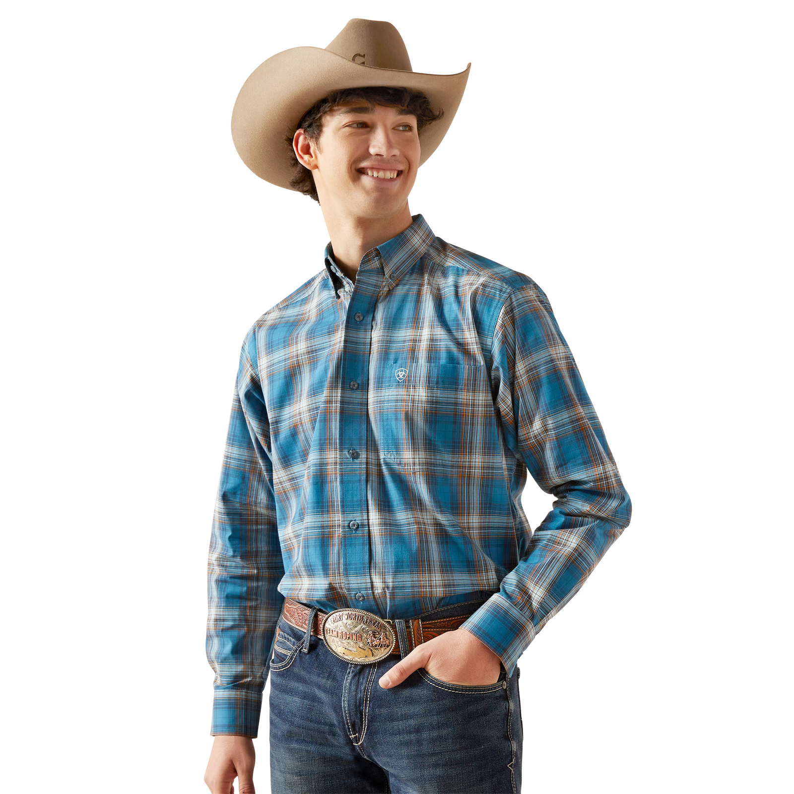 Mens blue plaid shirt with collar and button front