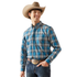 Mens blue plaid shirt with collar and button front