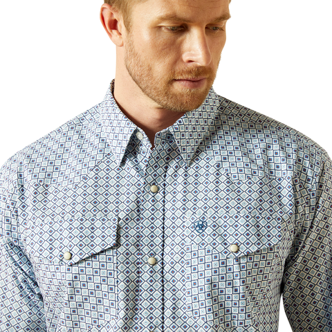 Blue Geometric Western Shirt with collar and snaps