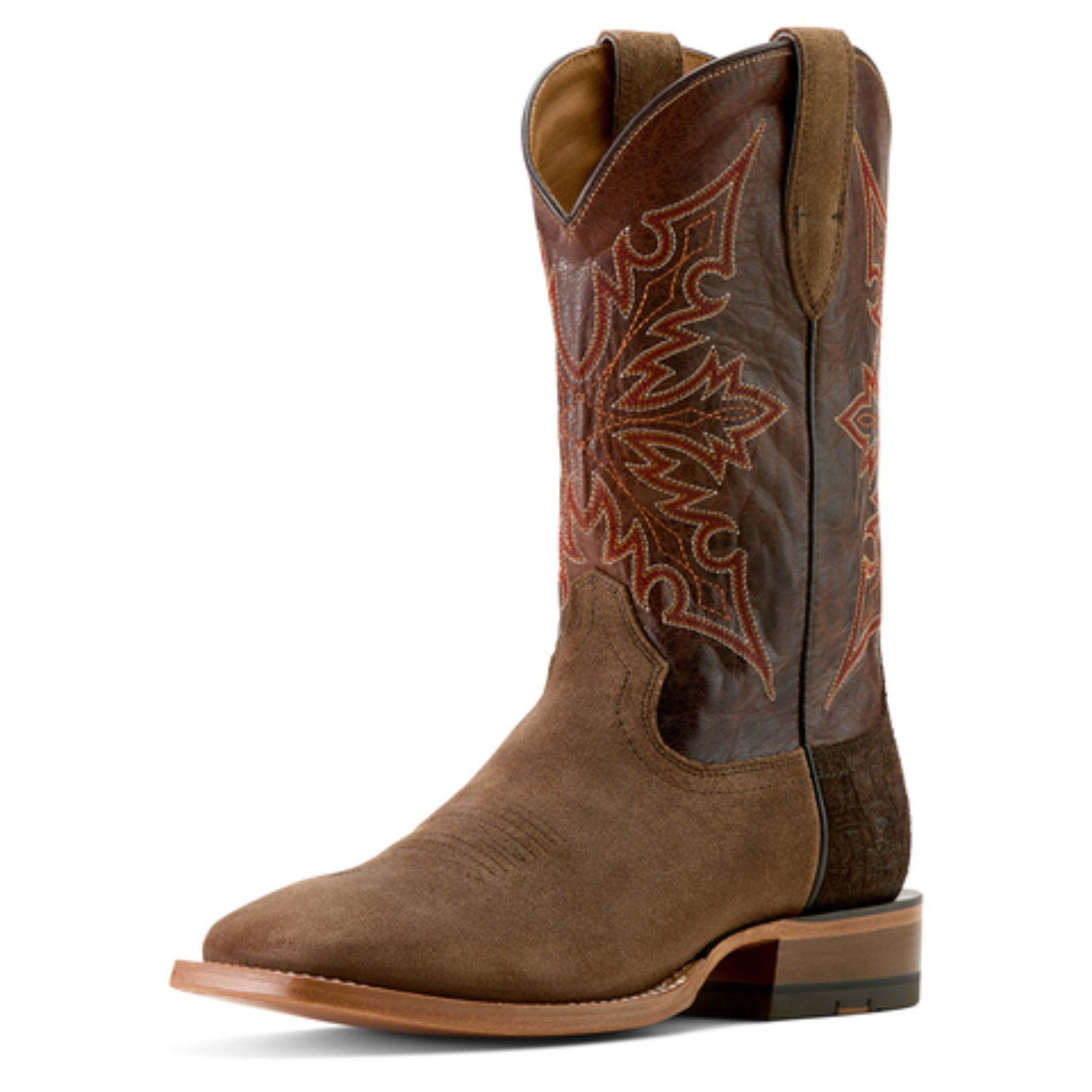 Brown cowboy boot with intricate stitching on a white background