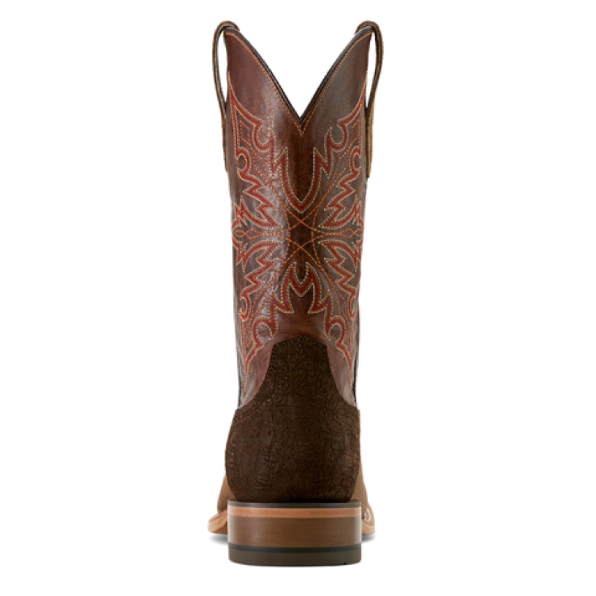 Brown cowboy boot with intricate stitching on a white background