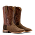 Pair of brown cowboy boots with intricate designs on a white background