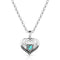 Silver necklace with a heart-shaped pendant featuring a turquoise stone on a white background