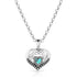 Silver necklace with a heart-shaped pendant featuring a turquoise stone on a white background