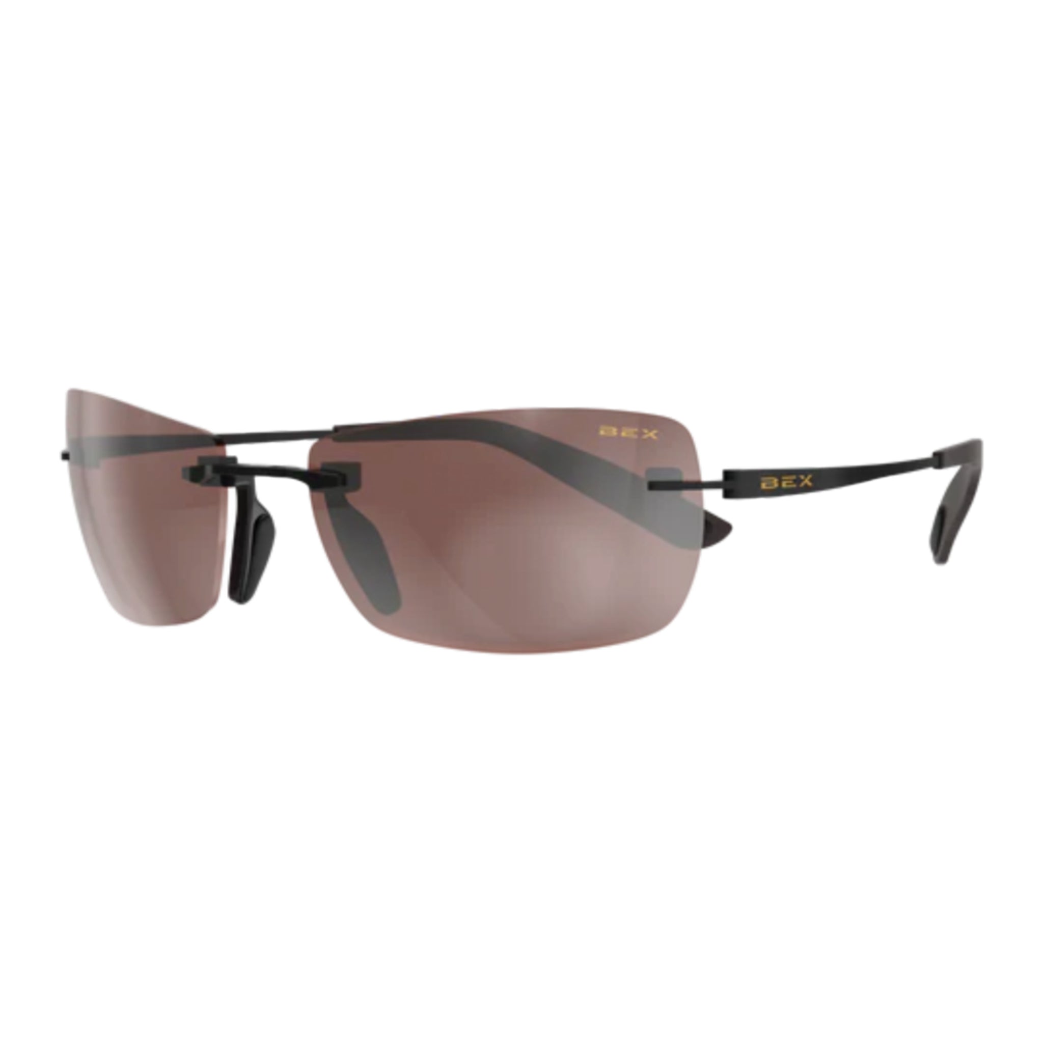 Sunglasses with brown lenses and black frames on a white background