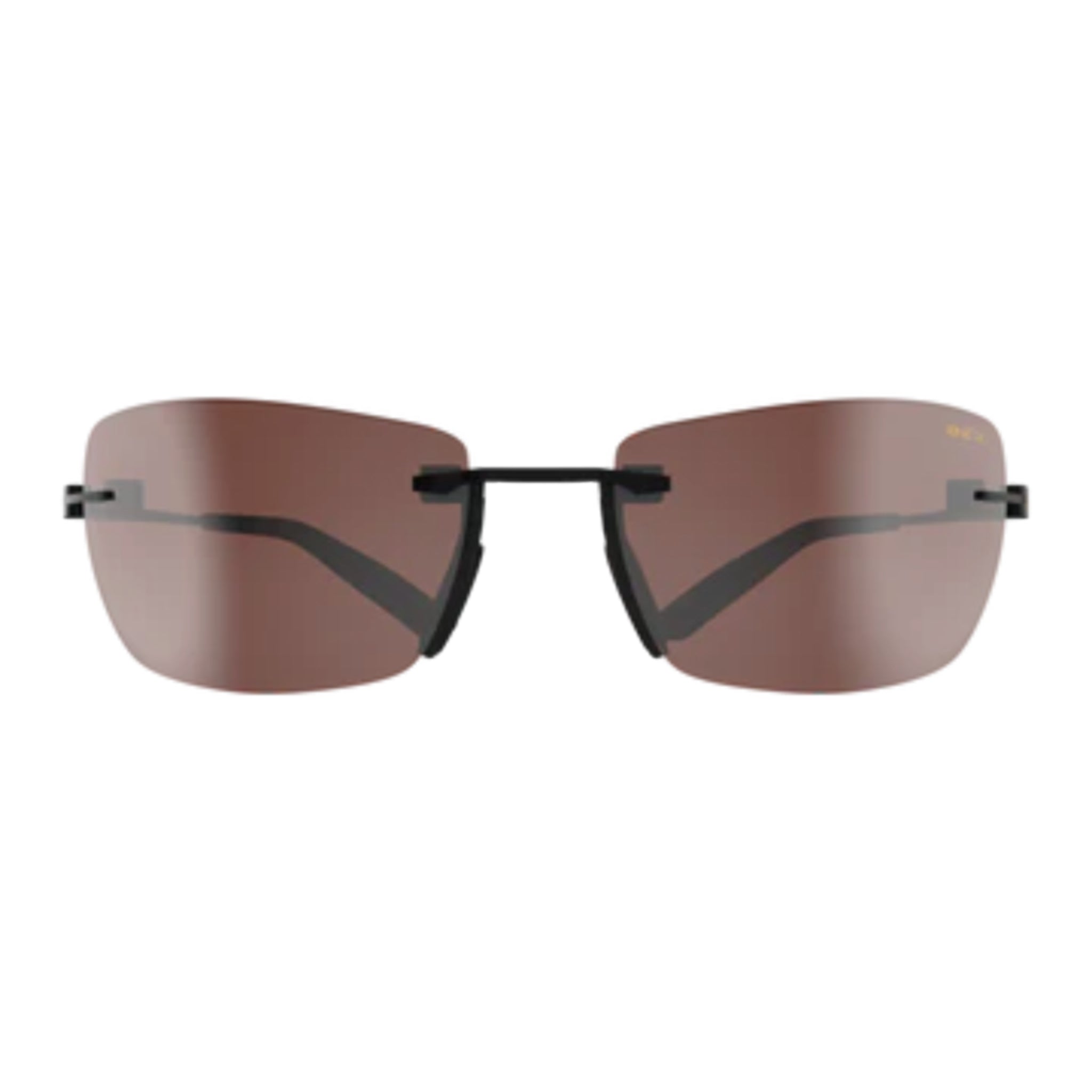 Sunglasses with brown lenses and black frames on a white background