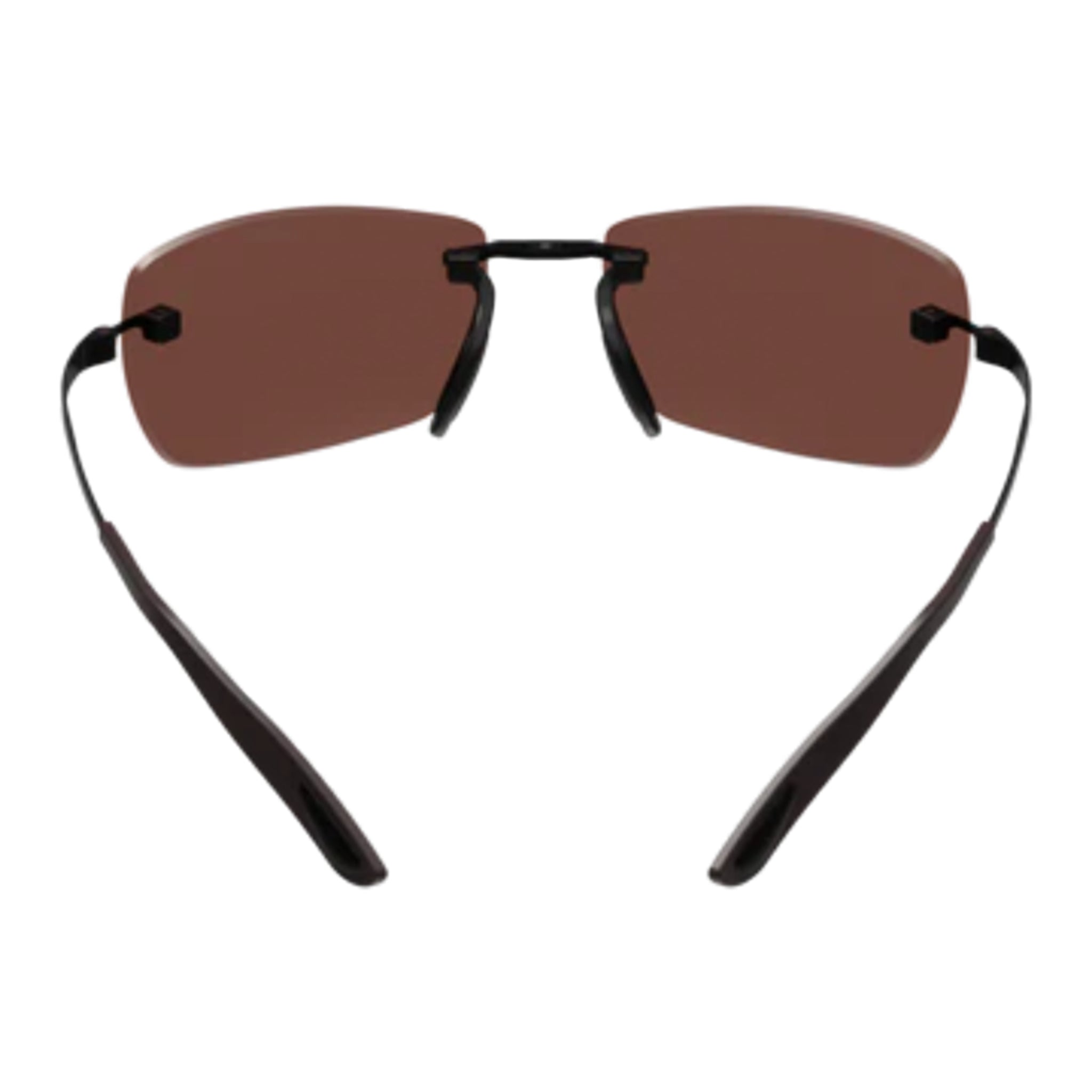 Sunglasses with brown lenses and black frames on a white background