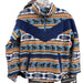 A girls' 1/4 zip fleece jacket with a geometric pattern, featuring colors such as navy blue, beige, and brown.