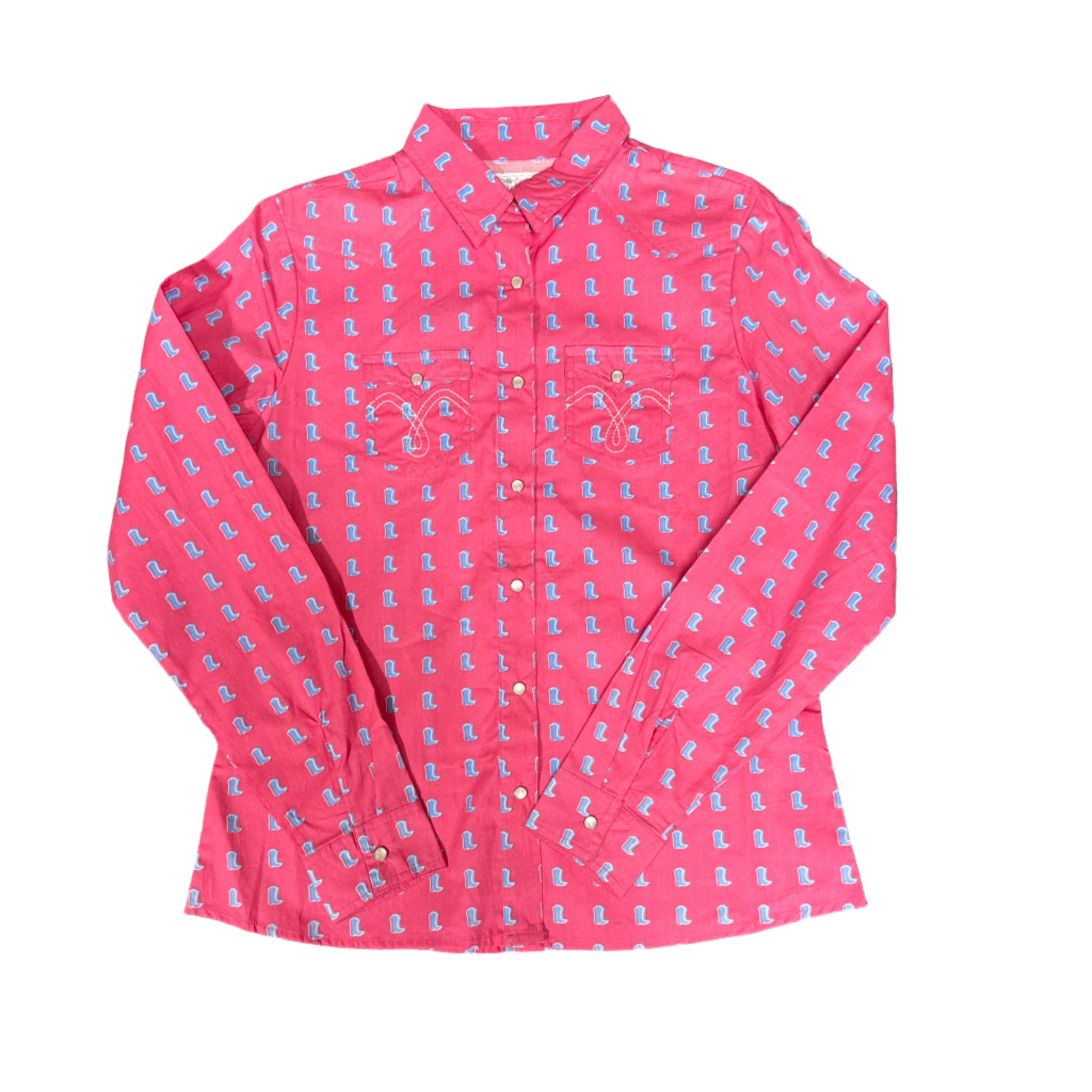 Girls pink western shirt with blue boot pattern and pearl snap front