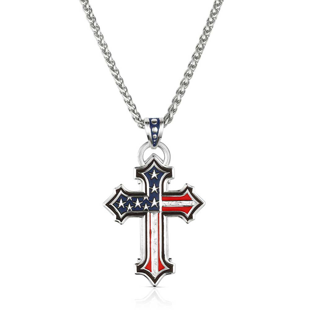 Cross-shaped pendant with American flag design on a chain 