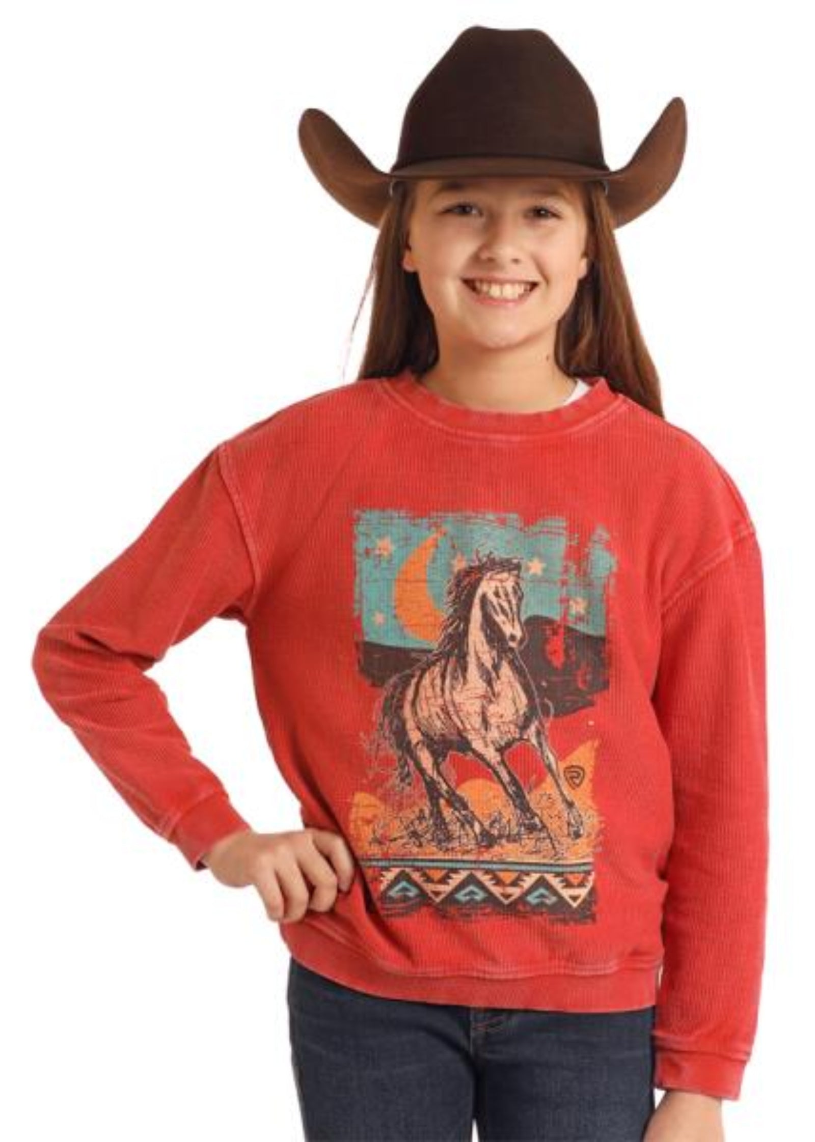 Youth red graphic ribbed pullover with a horse print, paired with a cowboy hat and jeans.