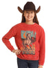 Youth red graphic ribbed pullover with a horse print, paired with a cowboy hat and jeans.