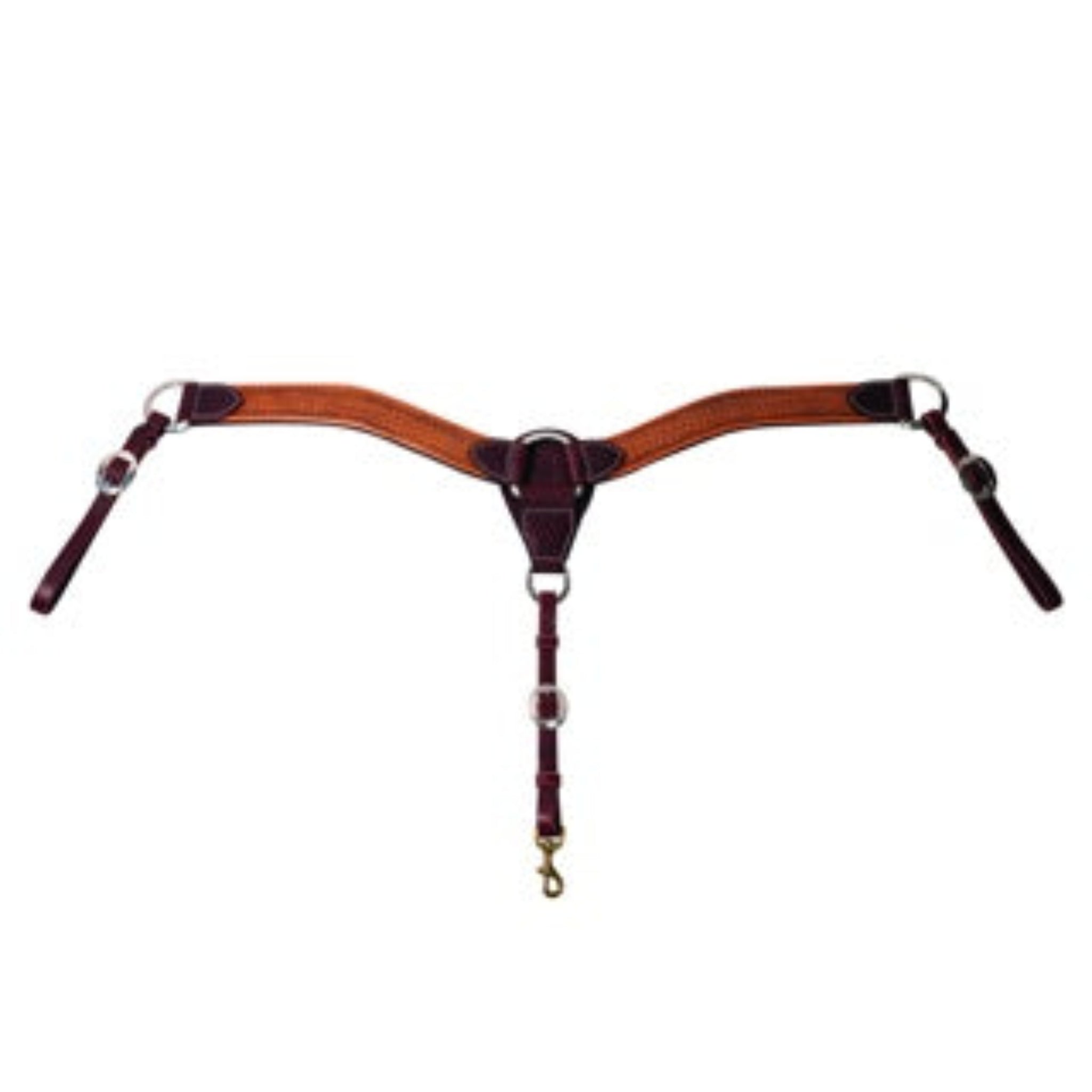 Leather horse breast collar with metal buckles and a buckle at the front.