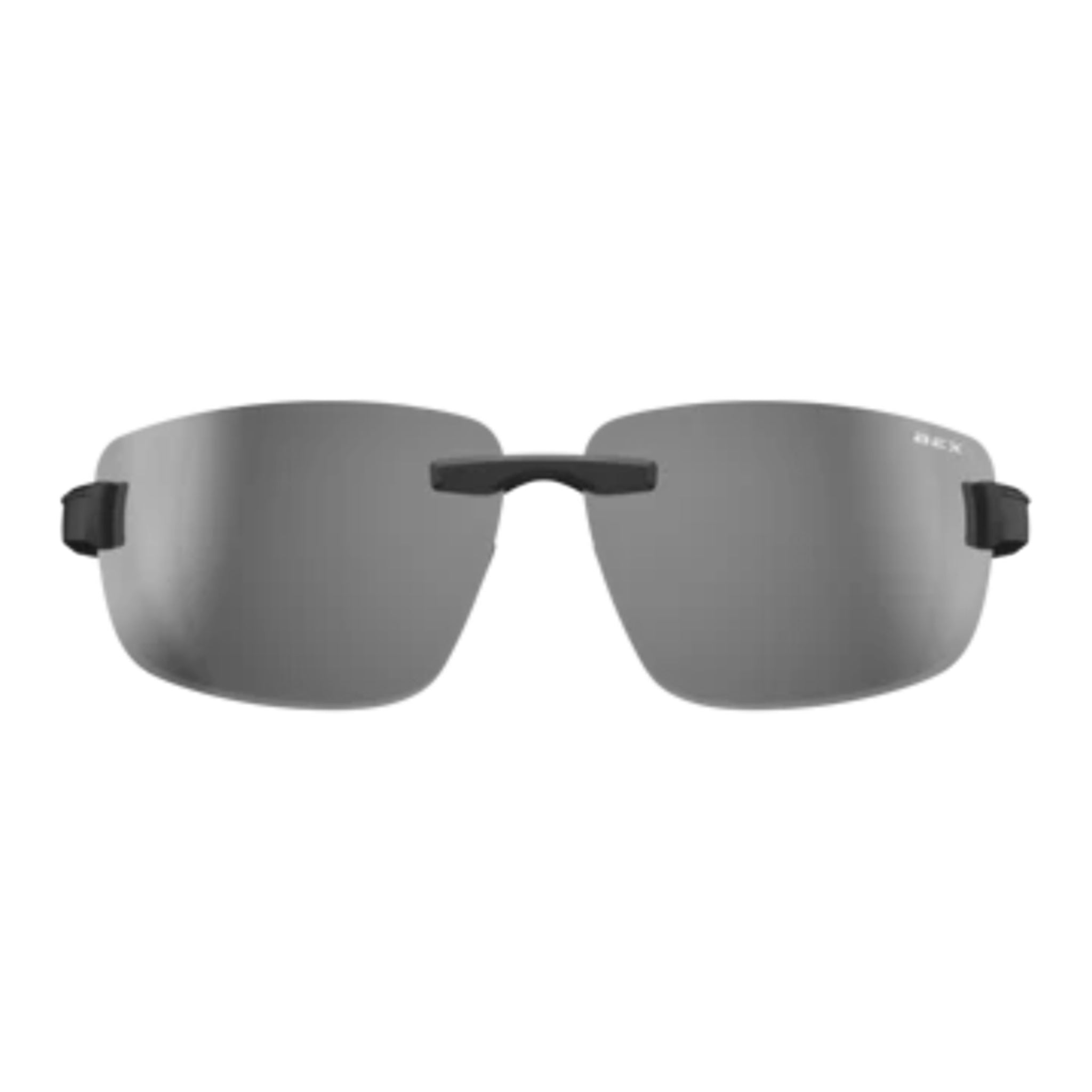 Sunglasses with black frame and gray lenses on a white background