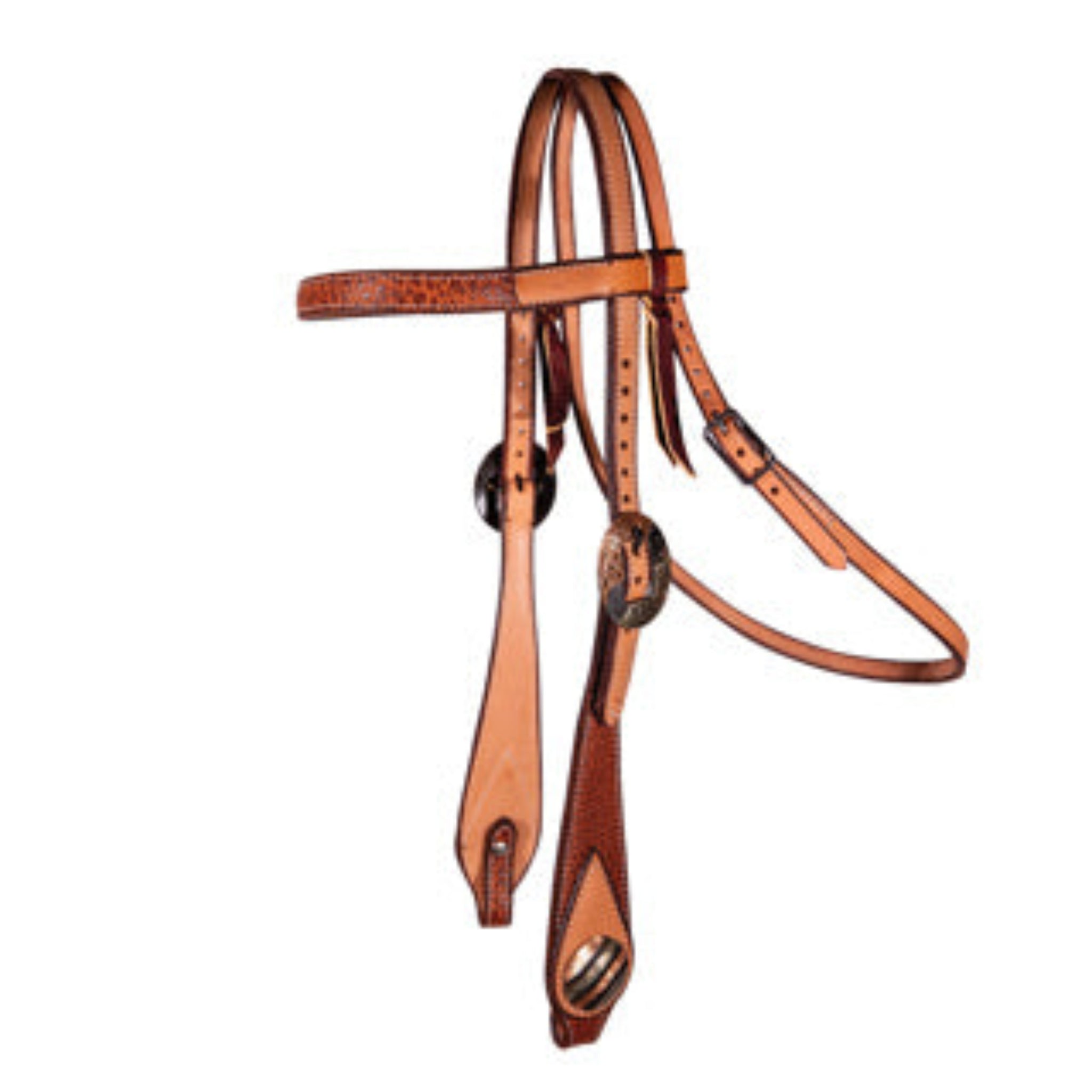 A brown headstall with brow swell and cheek tan bison leather horse tack set 