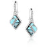 A pair of silver-colored earrings featuring turquoise accents, designed in a geometric pattern.