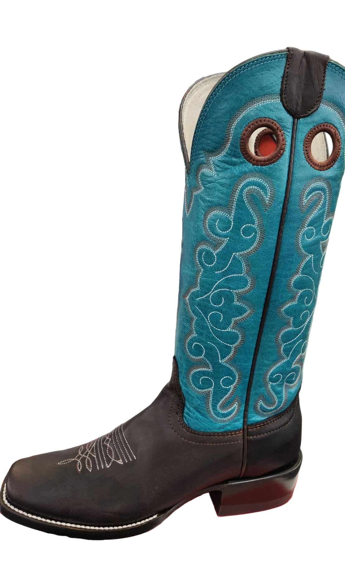 A brown and blue Hondo brand boot with intricate white stitching