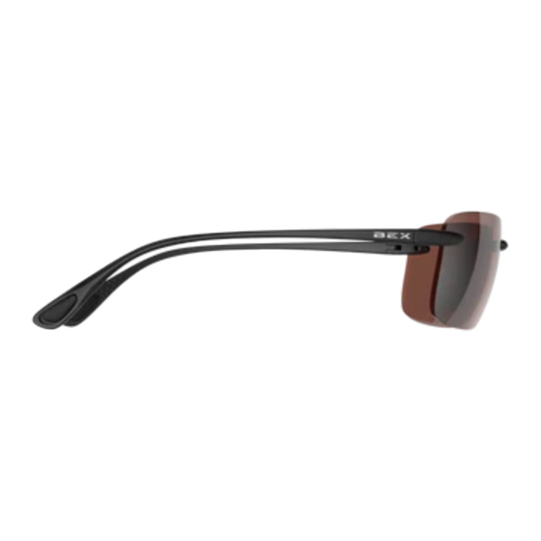 Sunglasses with black frame and brown-tinted lenses on a white background