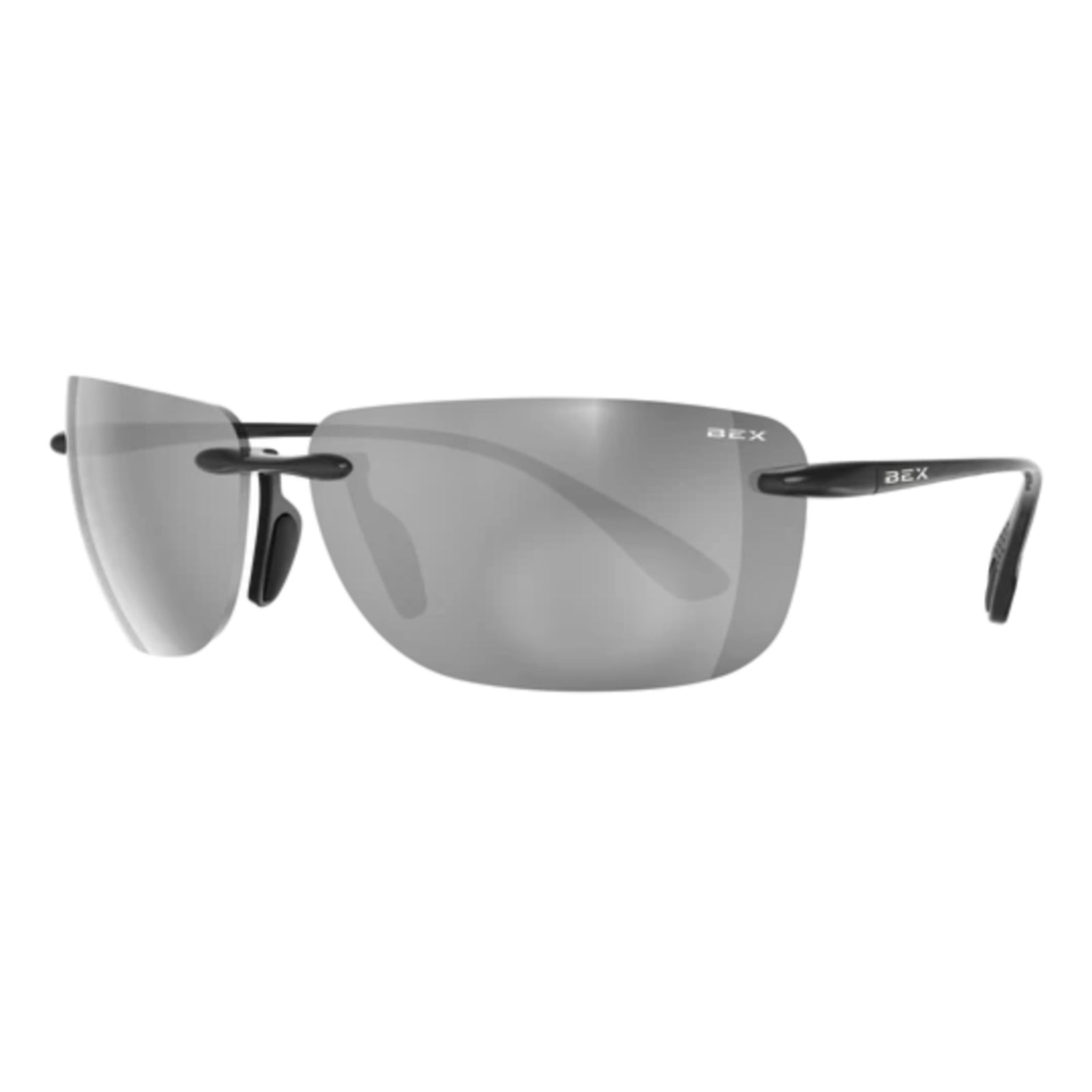 Silver sunglasses with black frames on a white background