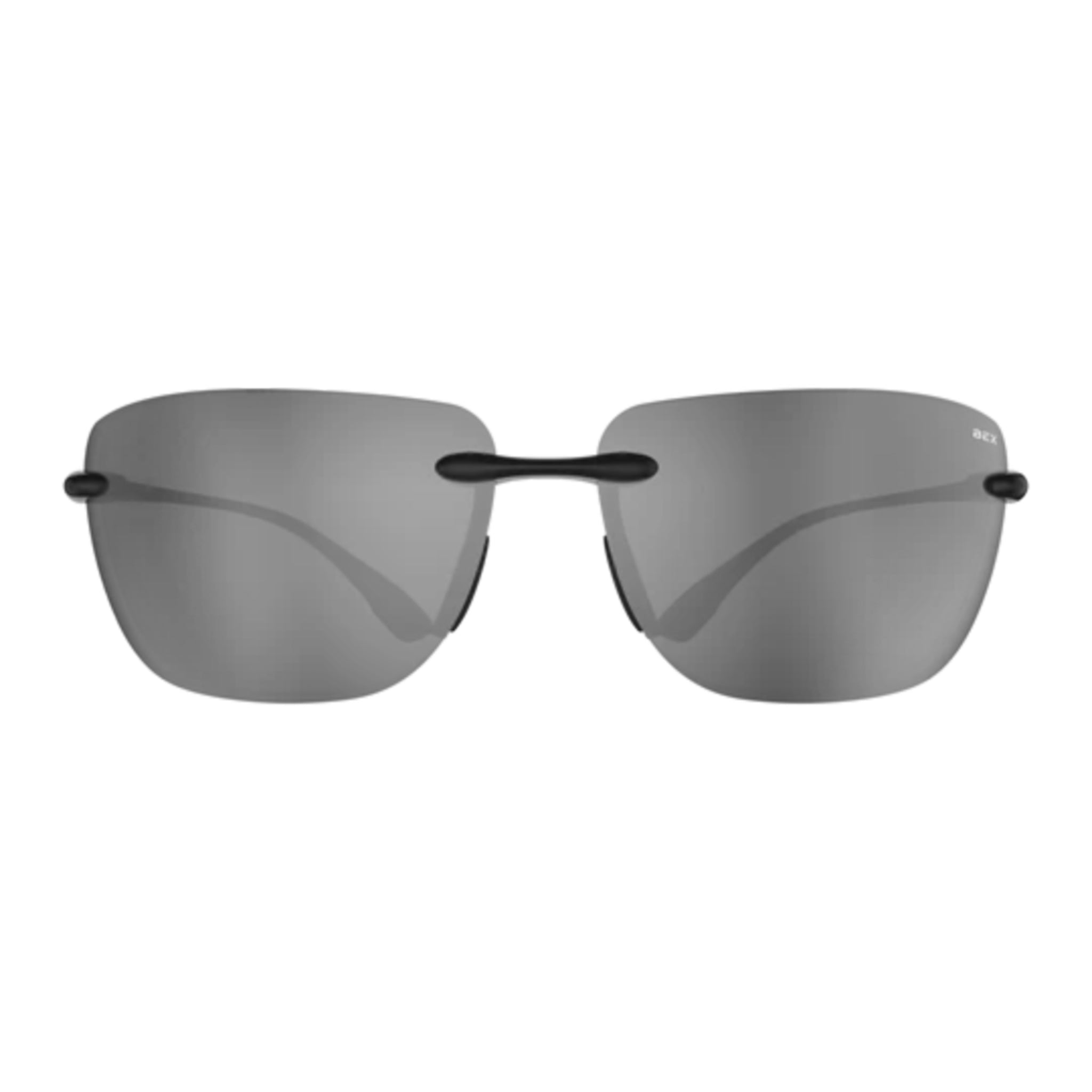 Sunglasses with black frame and gray lenses on a white background