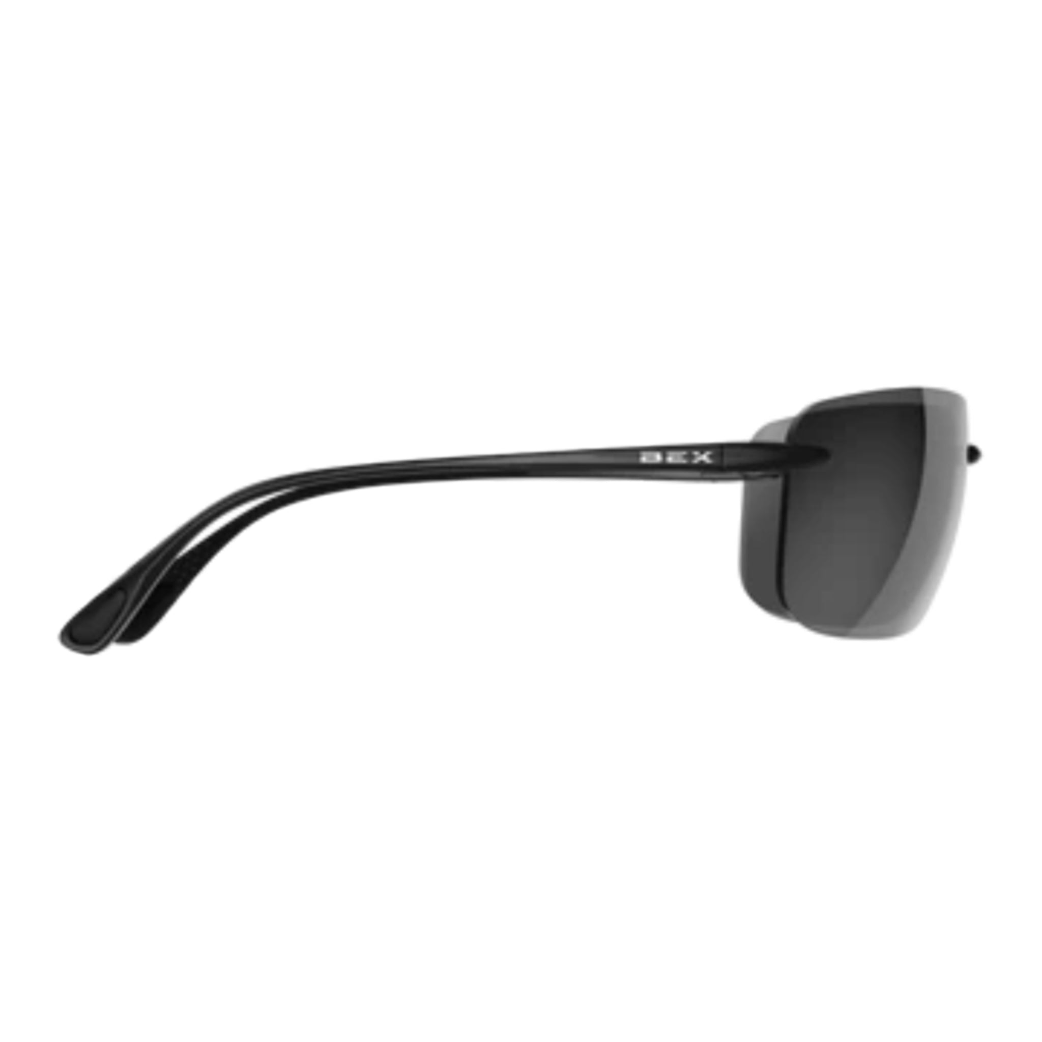 Black sunglasses with a visible brand logo on a white background