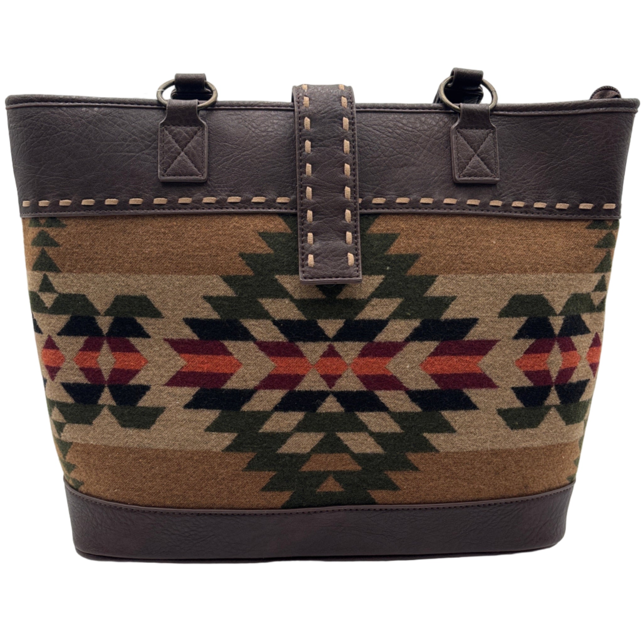 Handbag with Aztec pattern and brown leather accents 