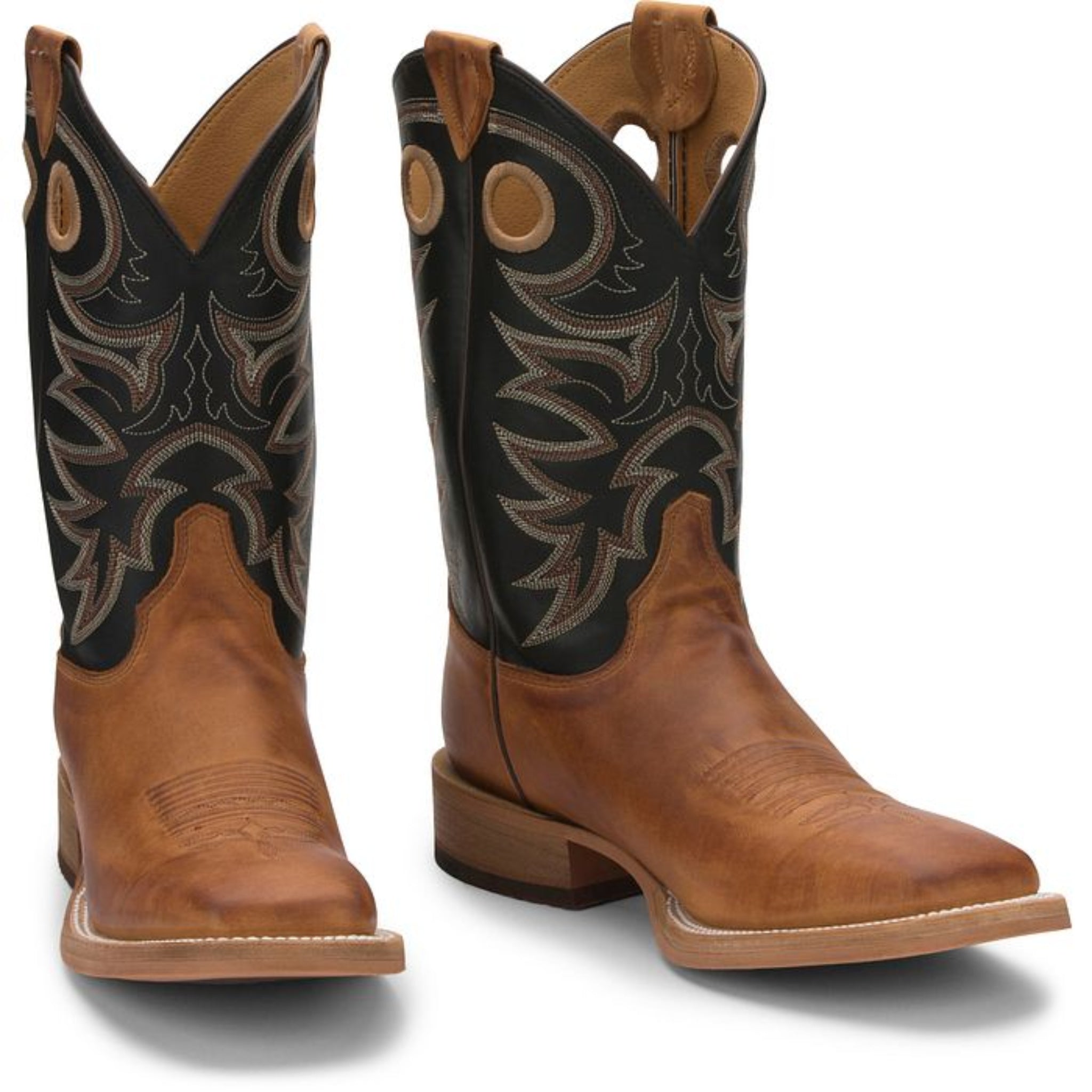 Brown Leather boots Black top with red and white stitching 