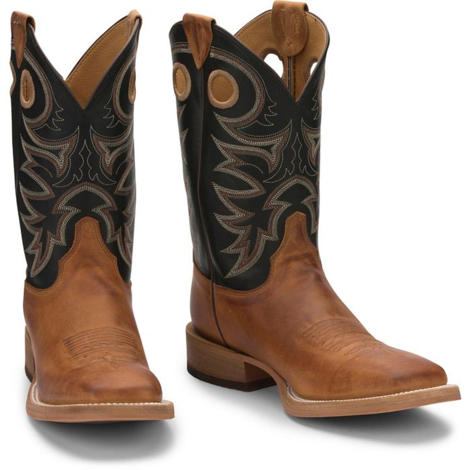 Brown Leather boots Black top with red and white stitching 