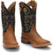 Brown Leather boots Black top with red and white stitching 