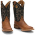 Brown Leather boots Black top with red and white stitching 