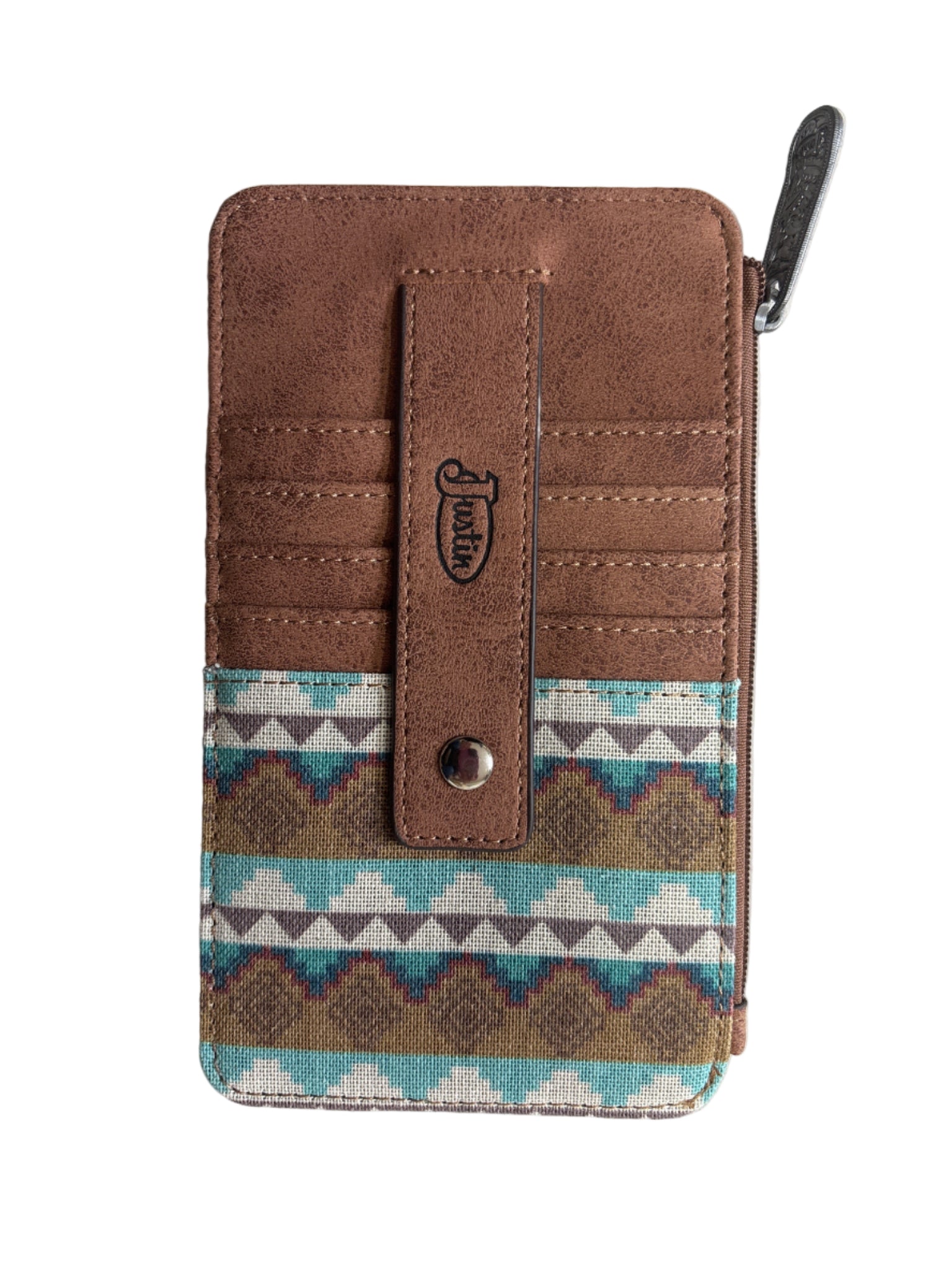 Brown wallet with Aztec patterned card holder strap