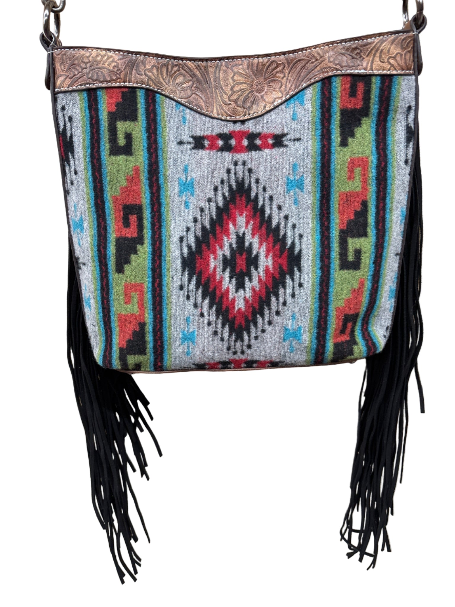 Colorful Aztec bag with black fringes 