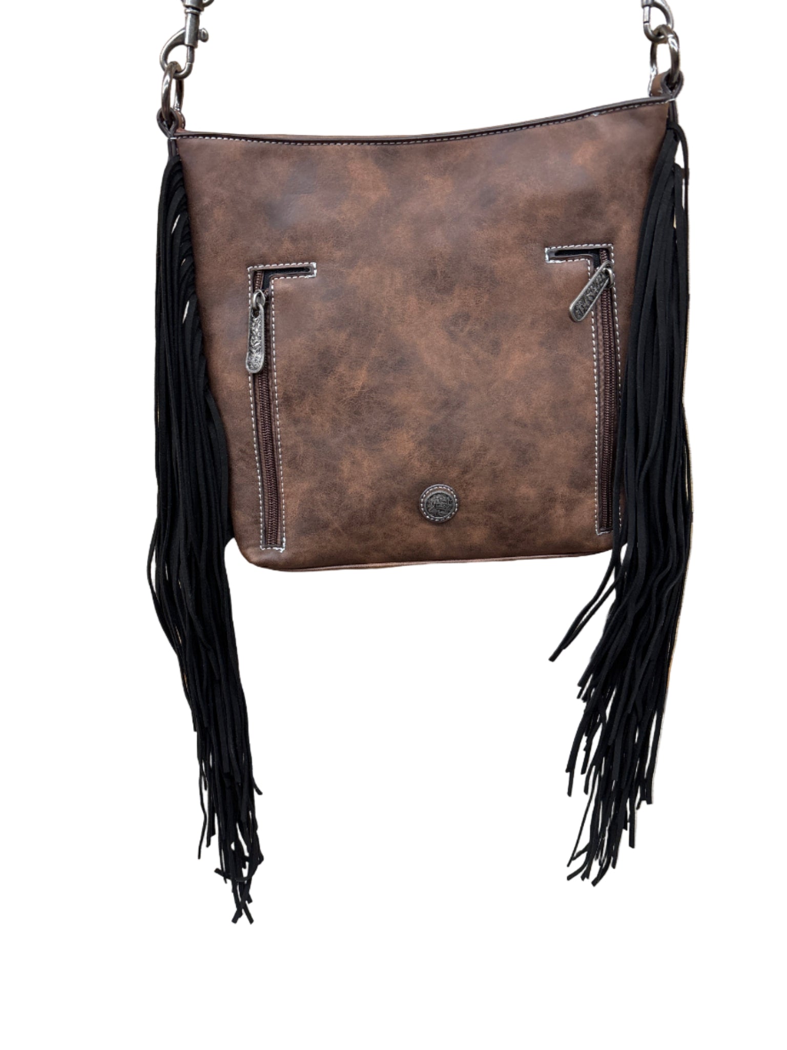 Brown leather bag with black fringes