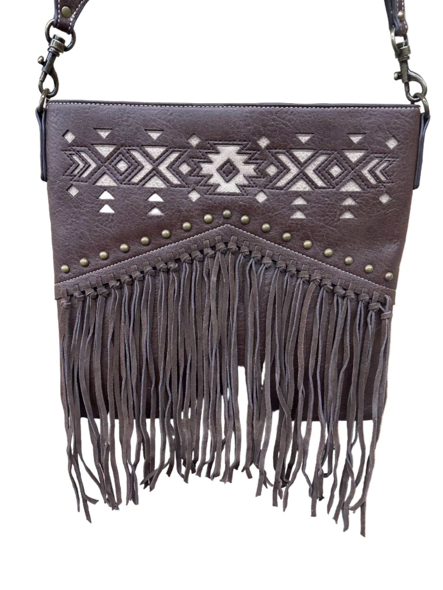 Brown leather handbag with fringe and Aztec pattern