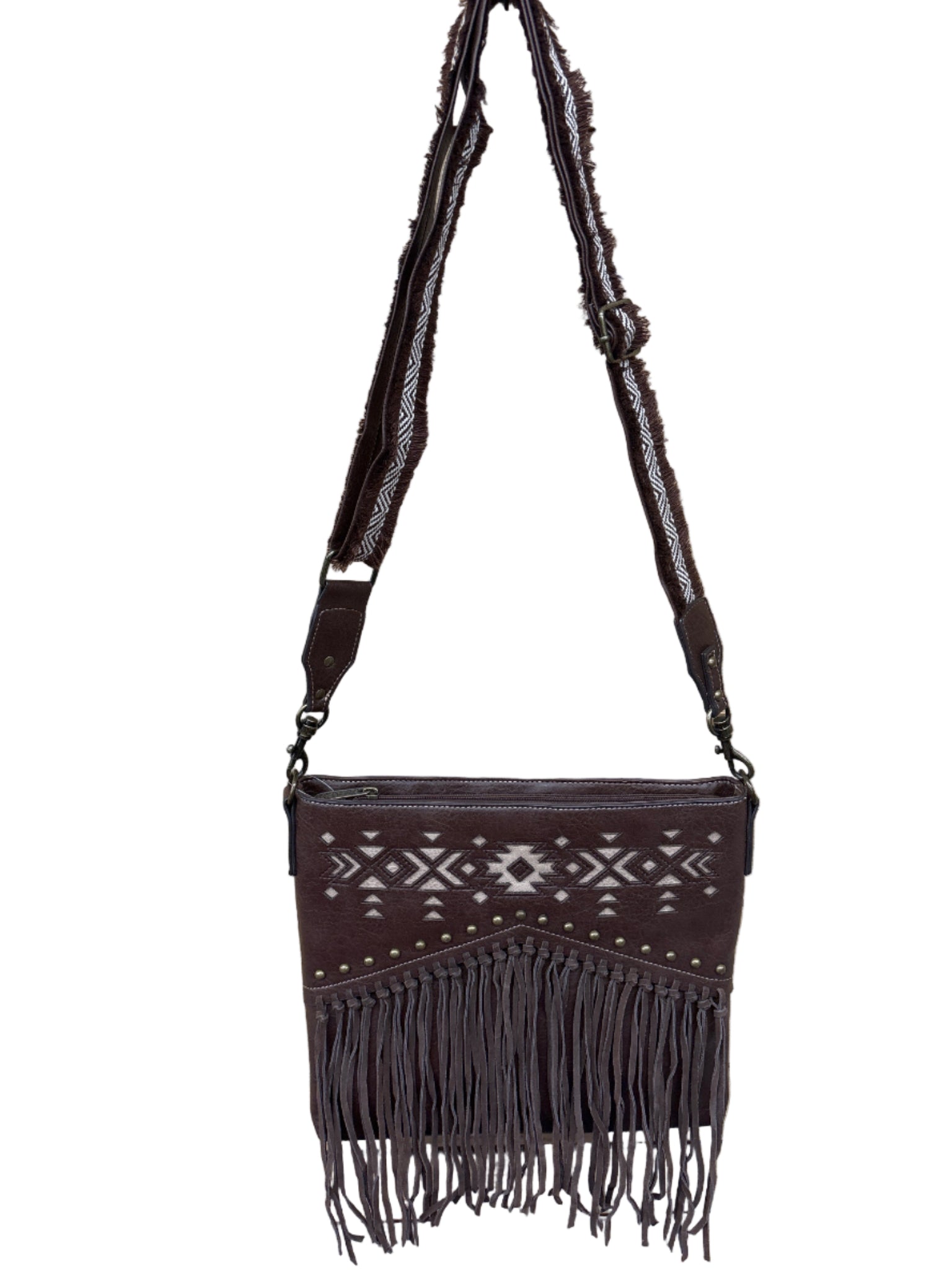 Brown leather crossbody bag with fringe 