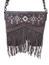 Brown leather handbag with fringe and Aztec pattern