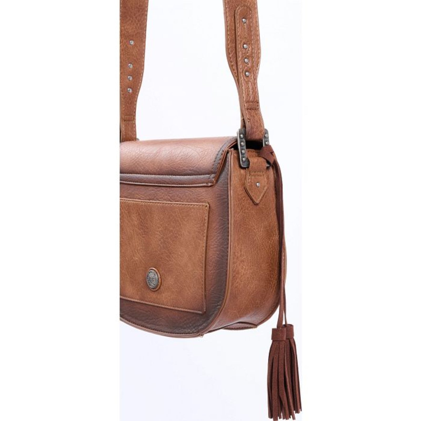 Brown leather crossbody bag with a tassel 