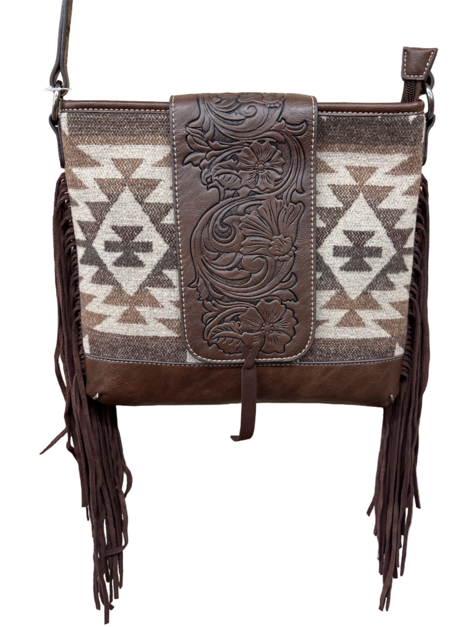 Brown leather Purse with tan Aztec and fringe 