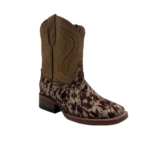 Kids' Hair-On Cowhide Square Toe Western Boots | Brown & White